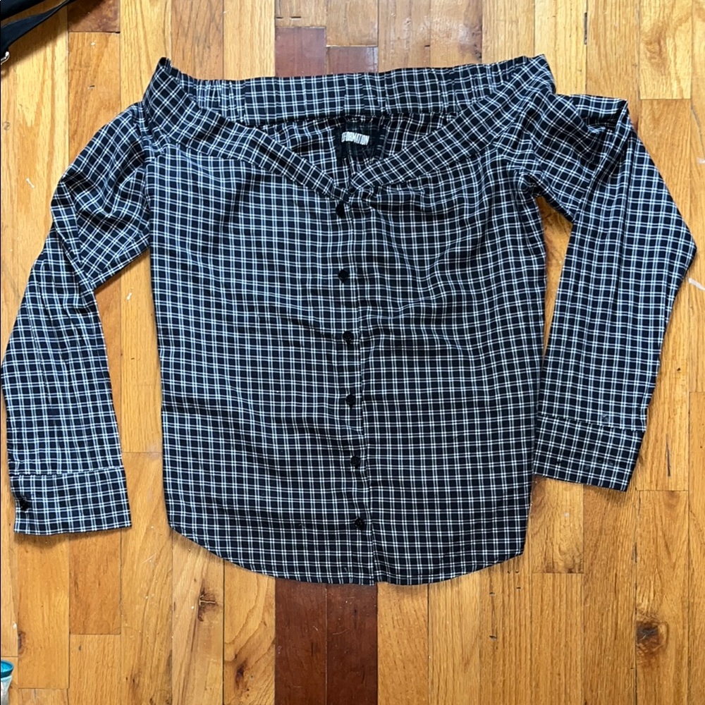Plaid off the shoulder reformation top